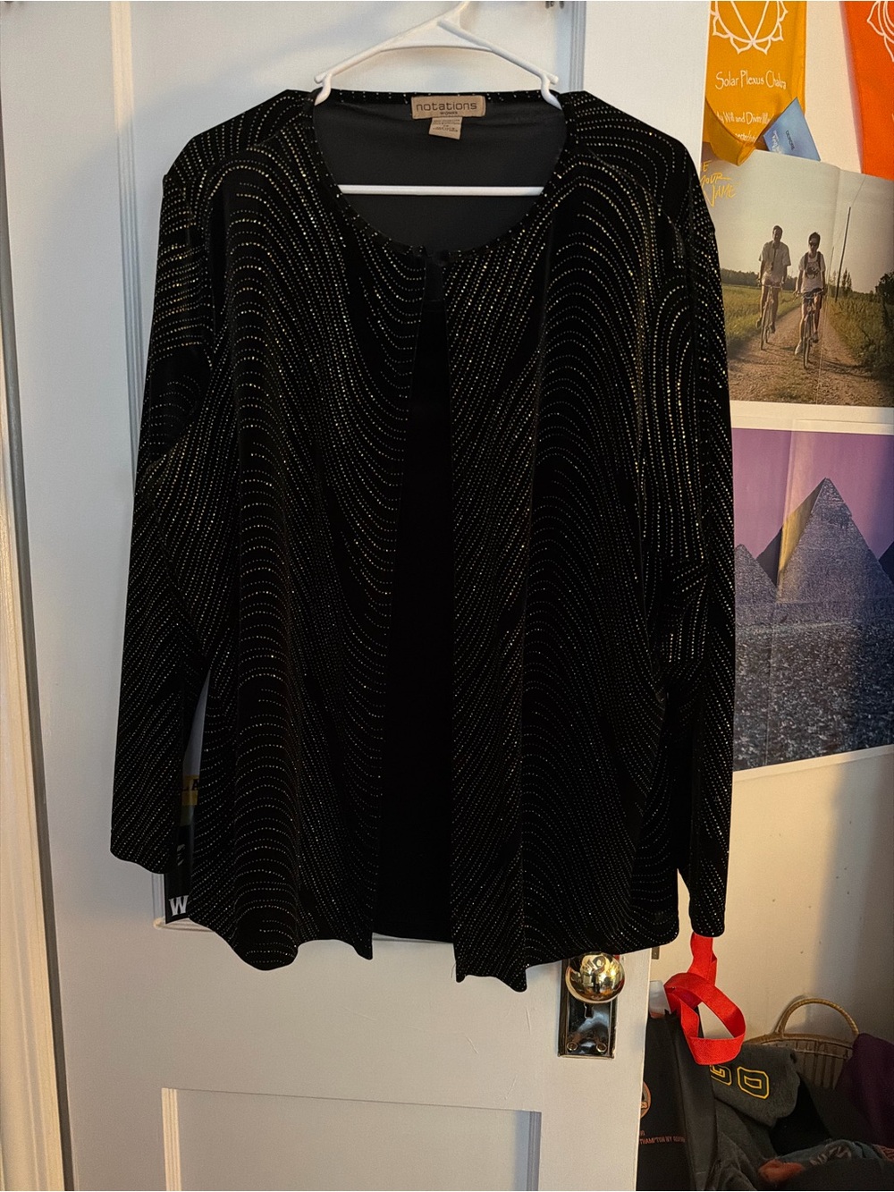 Vintage notations black sequin velvet open front cardigan tank top 2 piece set
